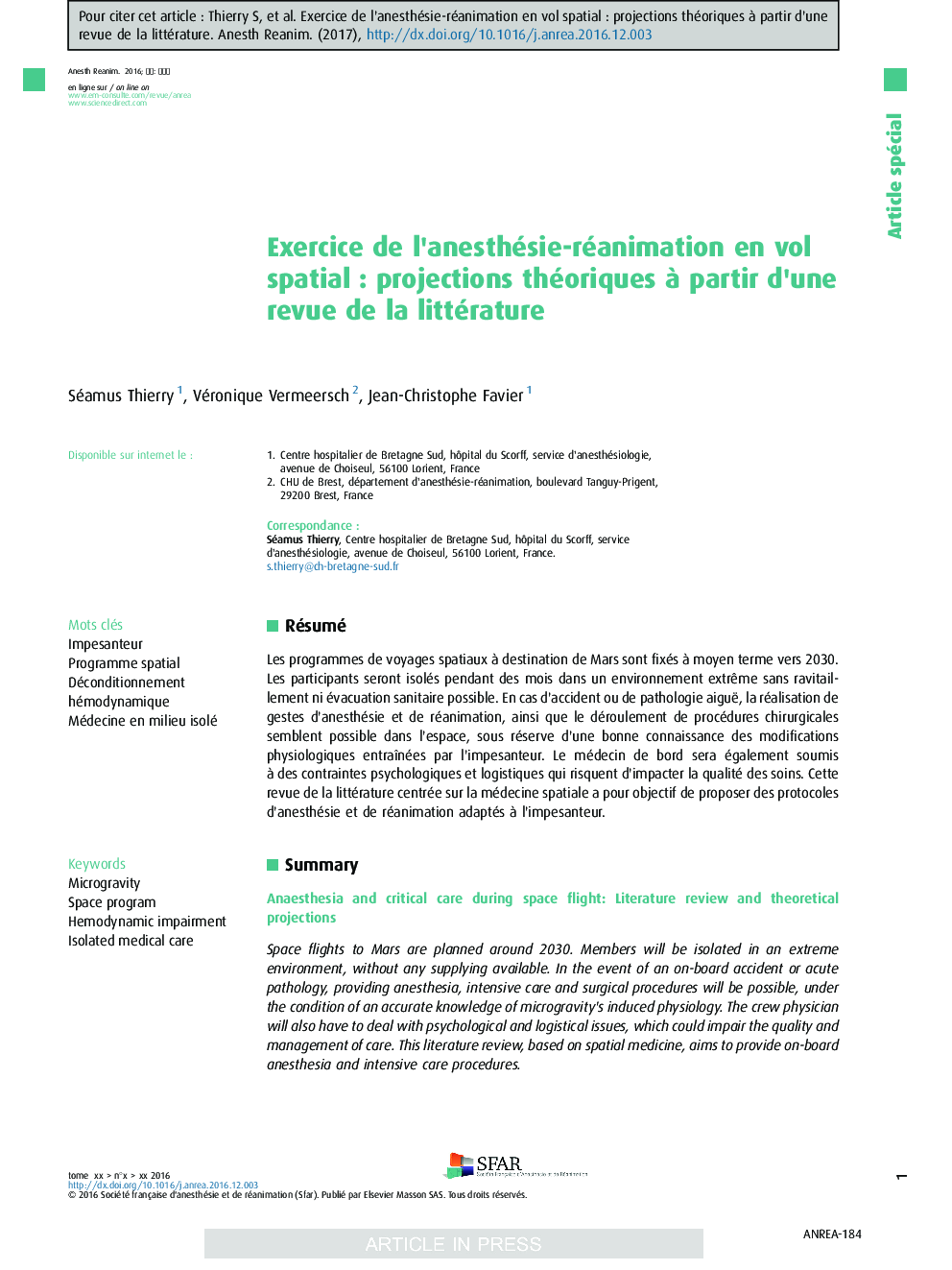 Exercice de l'anesthésie-réanimation en vol spatialÂ : projections théoriques Ã  partir d'une revue de la littérature