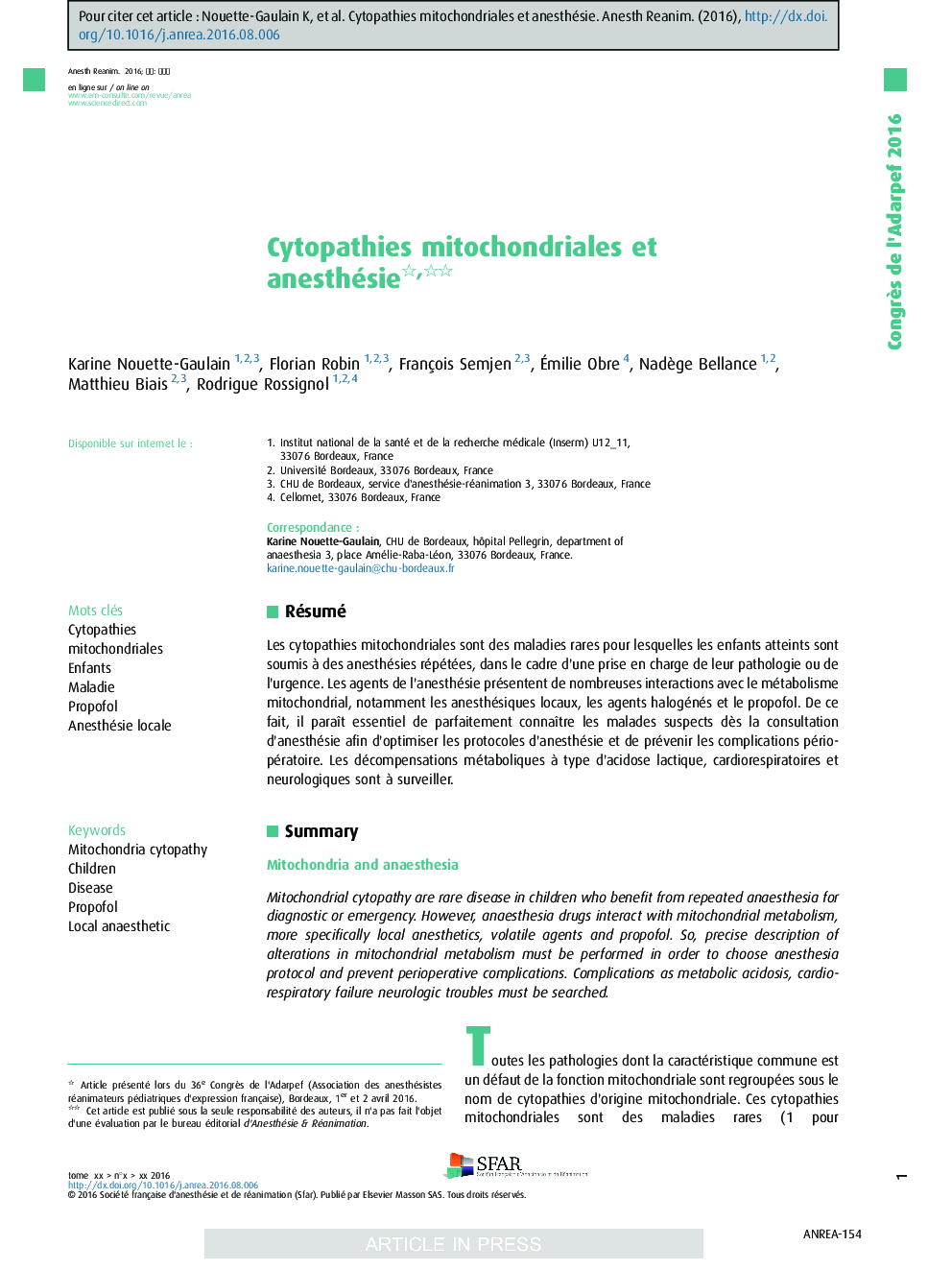 Cytopathies mitochondriales et anesthésie