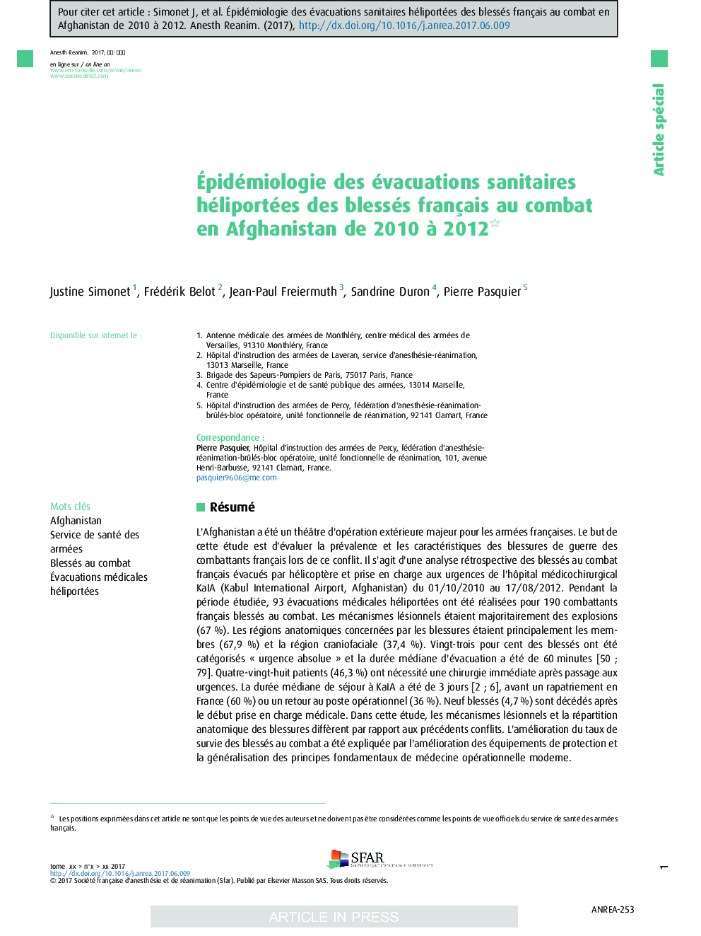 Ãpidémiologie des évacuations sanitaires héliportées des blessés français au combat en Afghanistan de 2010Â Ã  2012