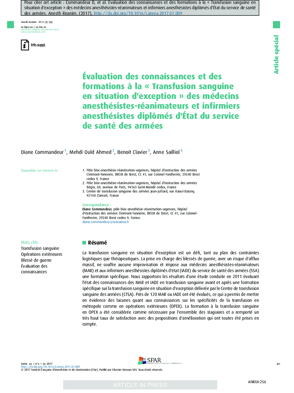 Ãvaluation des connaissances et des formations Ã  la Â«Â Transfusion sanguine en situation d'exceptionÂ Â» des médecins anesthésistes-réanimateurs et infirmiers anesthésistes diplÃ´més d'Ãtat du service de santé des armées