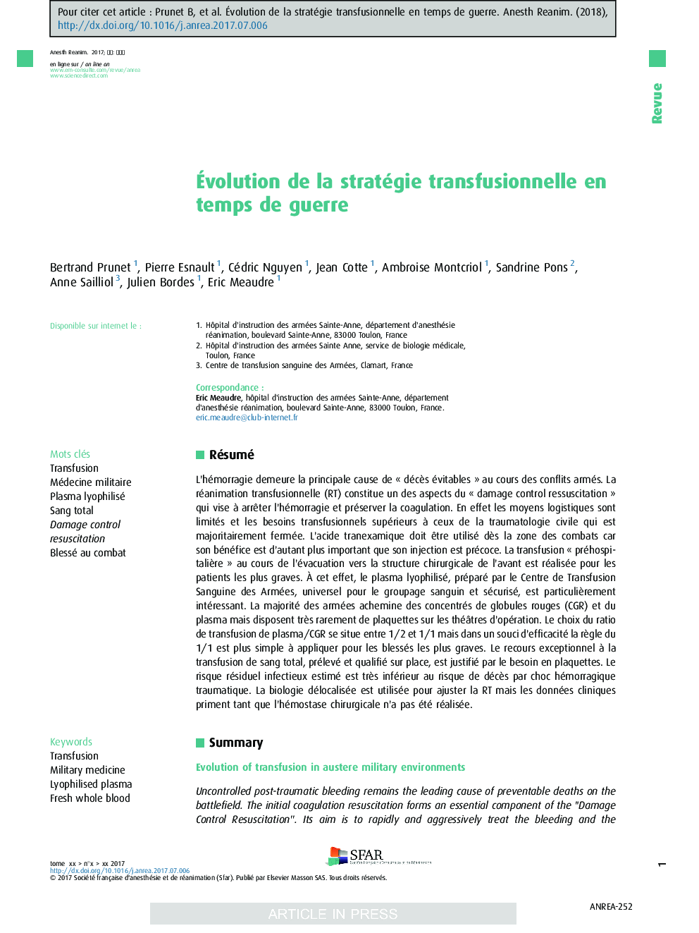 Ãvolution de la stratégie transfusionnelle en temps de guerre