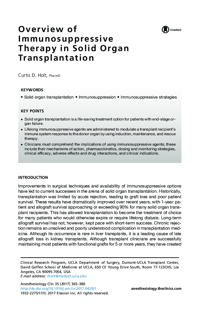 Overview of Immunosuppressive Therapy in Solid Organ Transplantation