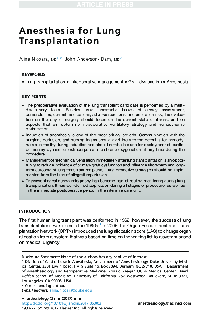 Anesthesia for Lung Transplantation