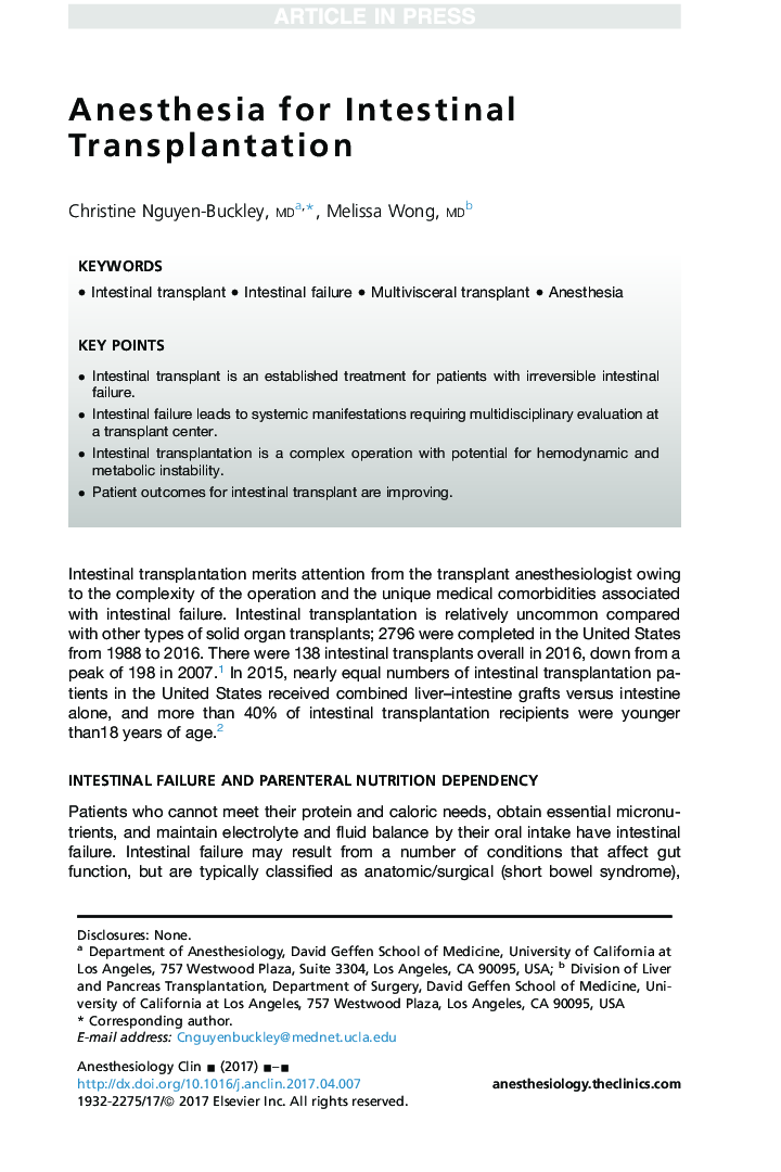 Anesthesia for Intestinal Transplantation