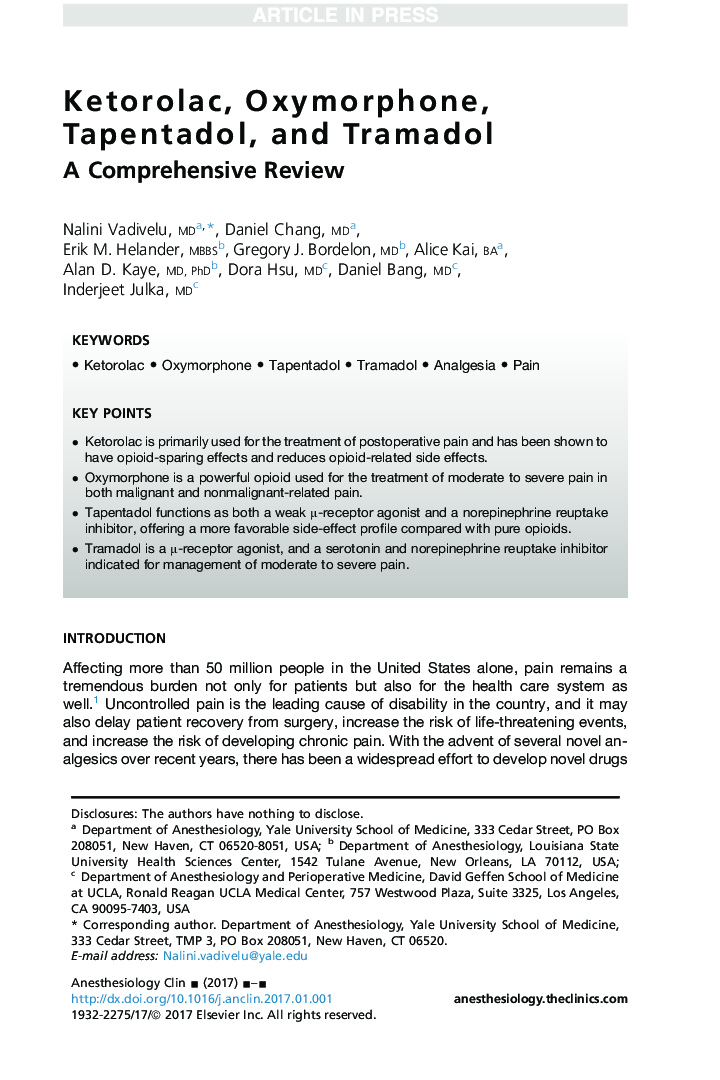 Ketorolac, Oxymorphone, Tapentadol, and Tramadol