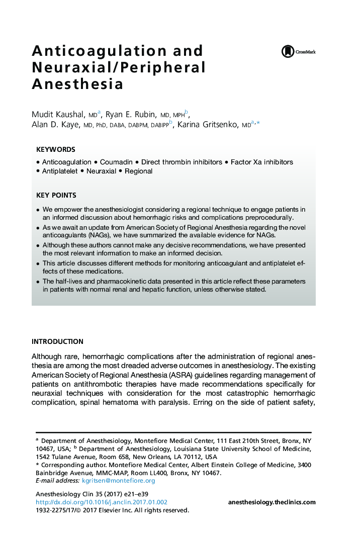 Anticoagulation and Neuraxial/Peripheral Anesthesia