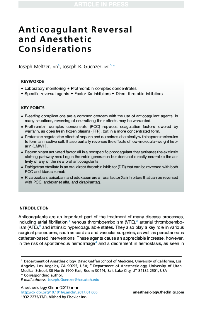 Anticoagulant Reversal and Anesthetic Considerations