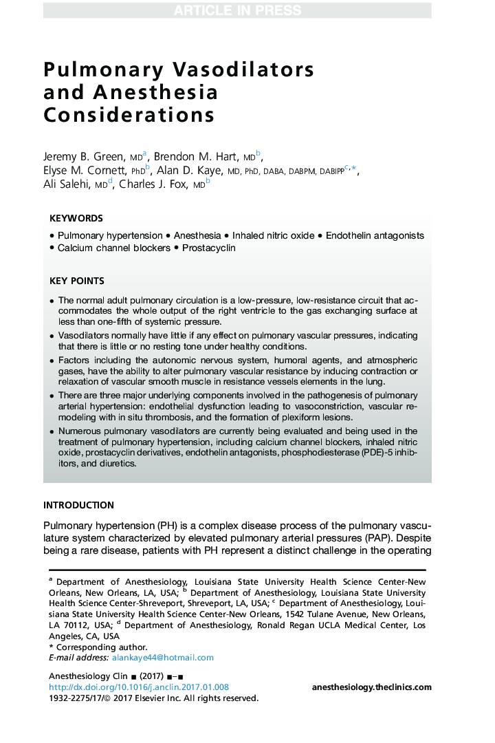 Pulmonary Vasodilators and Anesthesia Considerations