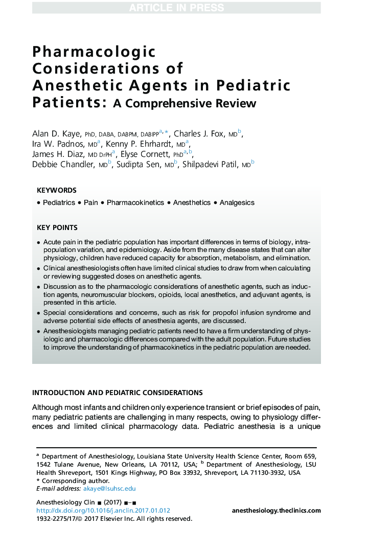 Pharmacologic Considerations of Anesthetic Agents in Pediatric Patients