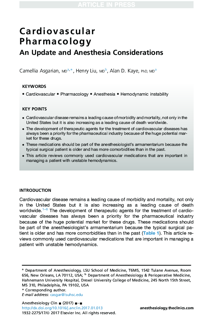 Cardiovascular Pharmacology