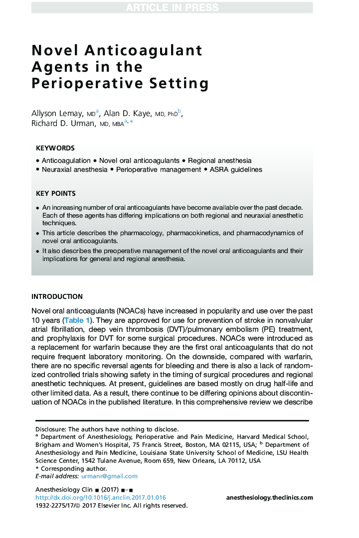 Novel Anticoagulant Agents in the Perioperative Setting