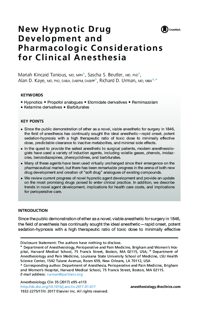New Hypnotic Drug Development and Pharmacologic Considerations for Clinical Anesthesia