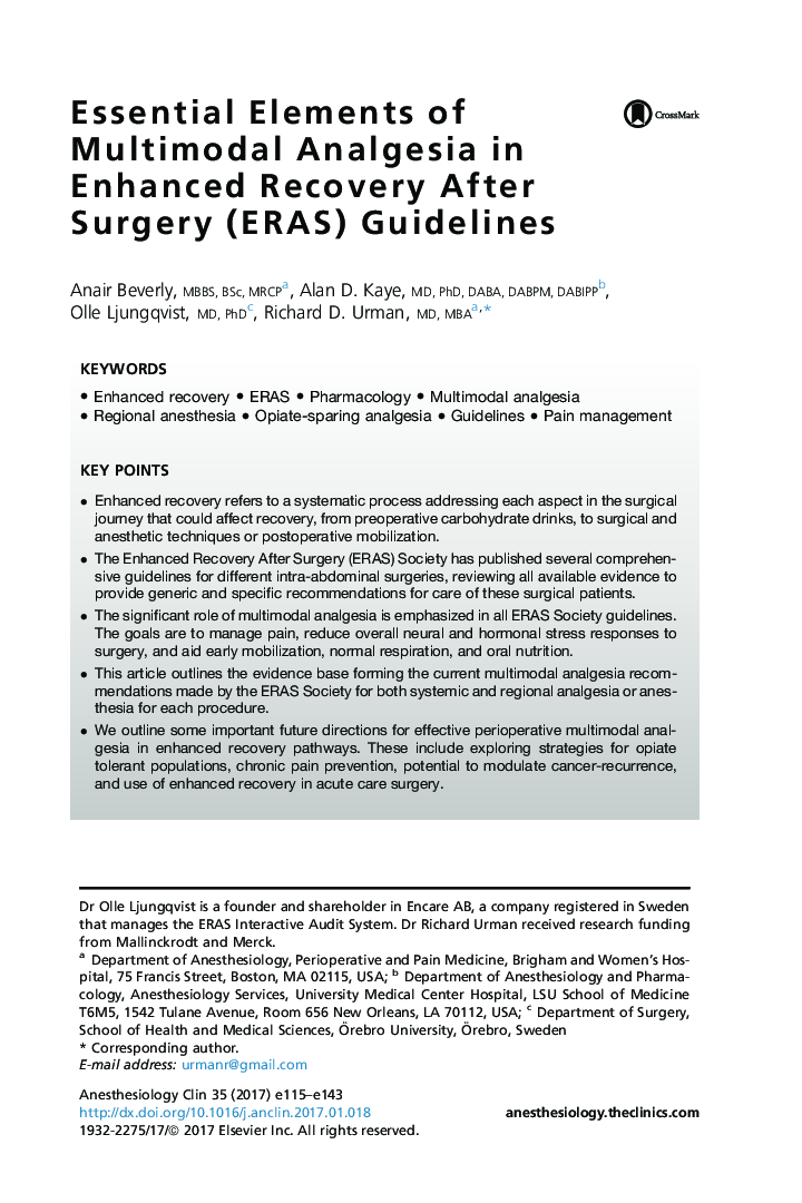 Essential Elements of Multimodal Analgesia in Enhanced Recovery After Surgery (ERAS) Guidelines