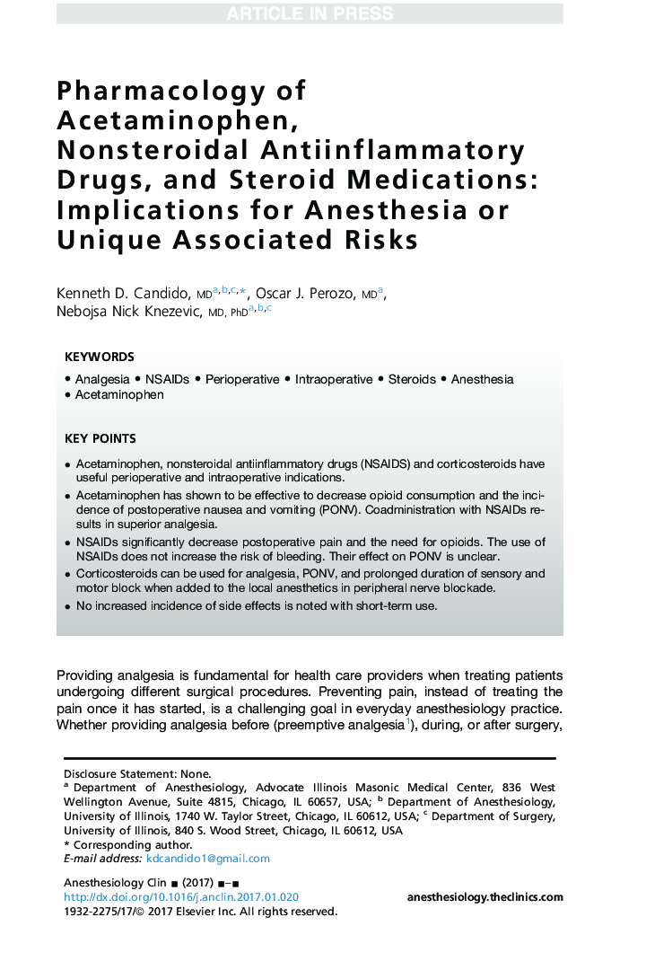 Pharmacology of Acetaminophen, Nonsteroidal Antiinflammatory Drugs, and Steroid Medications: Implications for Anesthesia or Unique Associated Risks