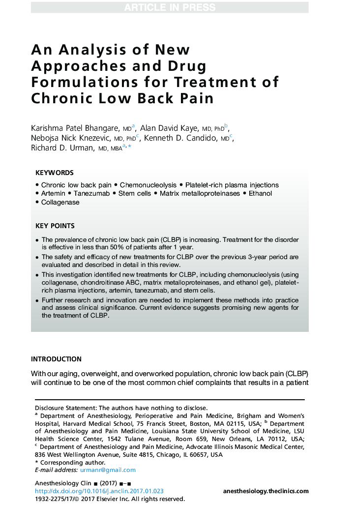 An Analysis of New Approaches and Drug Formulations for Treatment of Chronic Low Back Pain
