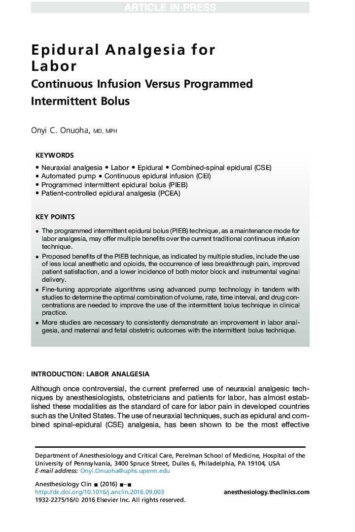 Epidural Analgesia for Labor