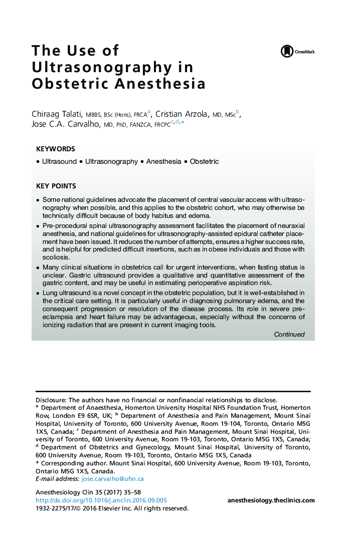 The Use of Ultrasonography in Obstetric Anesthesia