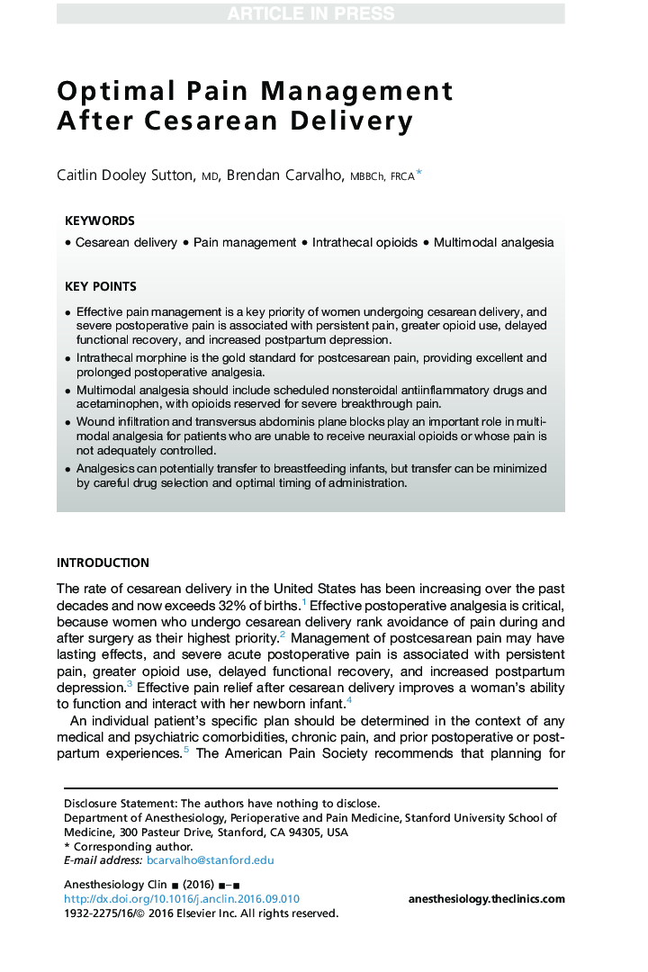 Optimal Pain Management After Cesarean Delivery