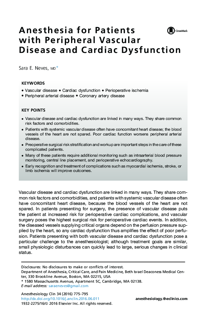 Anesthesia for Patients with Peripheral Vascular Disease and Cardiac Dysfunction