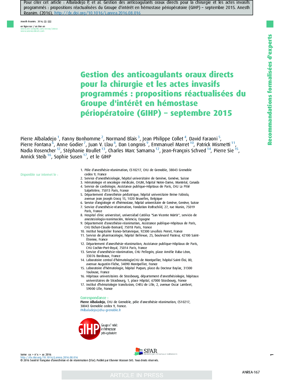 عکس صفحه اول مقاله: Gestion des anticoagulants oraux directs pour la chirurgie et les actes invasifs programmés : propositions réactualisées du Groupe d'intérêt en hémostase périopératoire (GIHP) - septembre 2015 Gestion des anticoagulants oraux directs pour la chirurgie et les actes invasifs programmés : propositions réactualisées du Groupe d'intérêt en hémostase périopératoire (GIHP) - septembre 2015