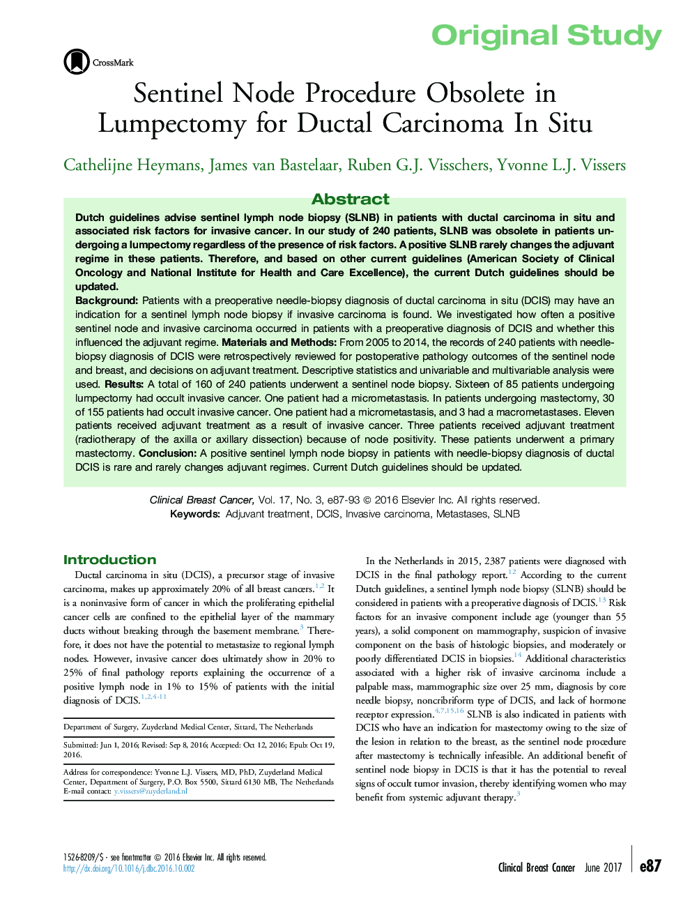 Sentinel Node Procedure Obsolete in Lumpectomy for Ductal Carcinoma In Situ