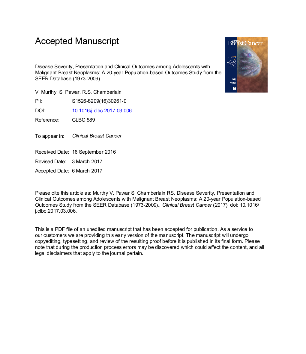 عکس صفحه اول مقاله: Disease Severity, Presentation, and Clinical Outcomes Among Adolescents With Malignant Breast Neoplasms: A 20-Year Population-Based Outcomes Study From the SEER Database (1973-2009) Disease Severity, Presentation, and Clinical Outcomes Among Adolescents With Malignant Breast Neoplasms: A 20-Year Population-Based Outcomes Study From the SEER Database (1973-2009)