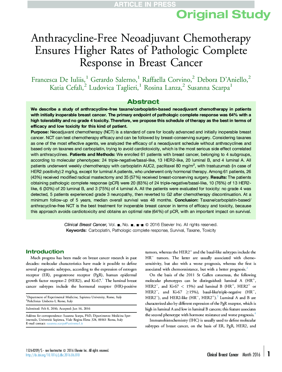 Anthracycline-Free Neoadjuvant Chemotherapy Ensures Higher Rates of Pathologic Complete Response in Breast Cancer