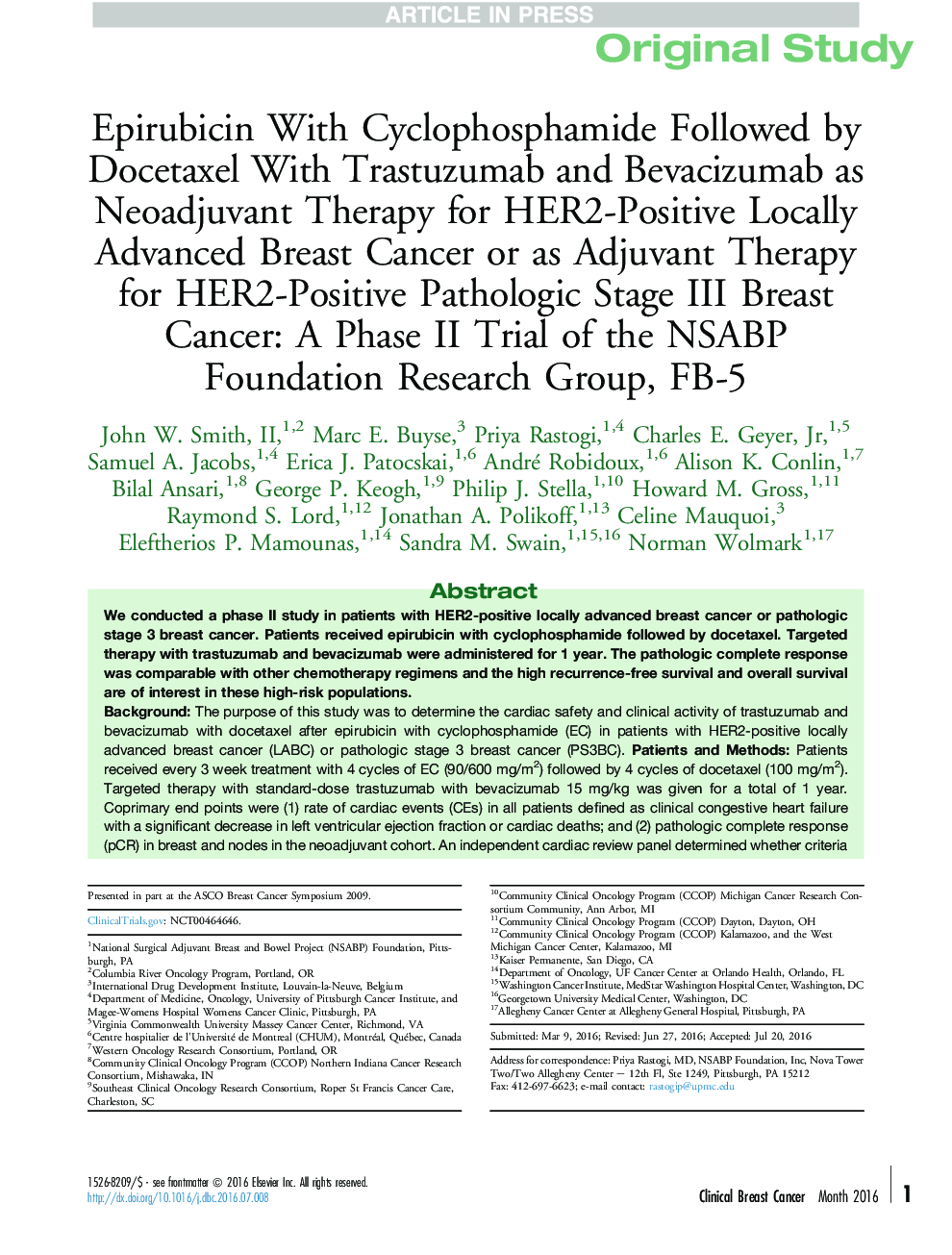 Epirubicin With Cyclophosphamide Followed by Docetaxel With Trastuzumab and Bevacizumab as Neoadjuvant Therapy for HER2-Positive Locally Advanced Breast Cancer or as Adjuvant Therapy for HER2-Positive Pathologic Stage III Breast Cancer: A Phase II Trial o