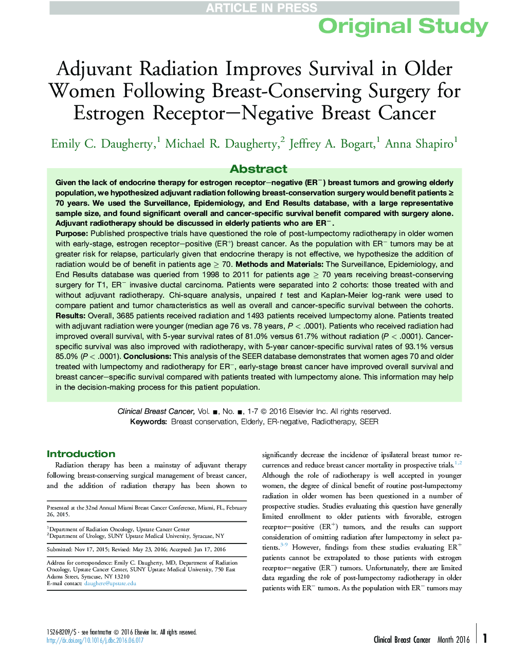 Adjuvant Radiation Improves Survival in Older Women Following Breast-Conserving Surgery for Estrogen Receptor-Negative Breast Cancer