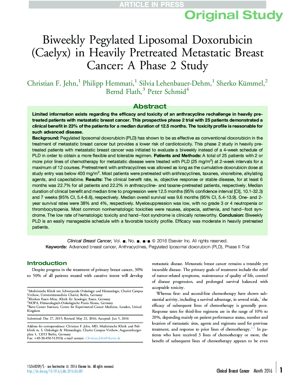 Biweekly Pegylated Liposomal Doxorubicin (Caelyx) in Heavily Pretreated Metastatic Breast Cancer: A Phase 2 Study