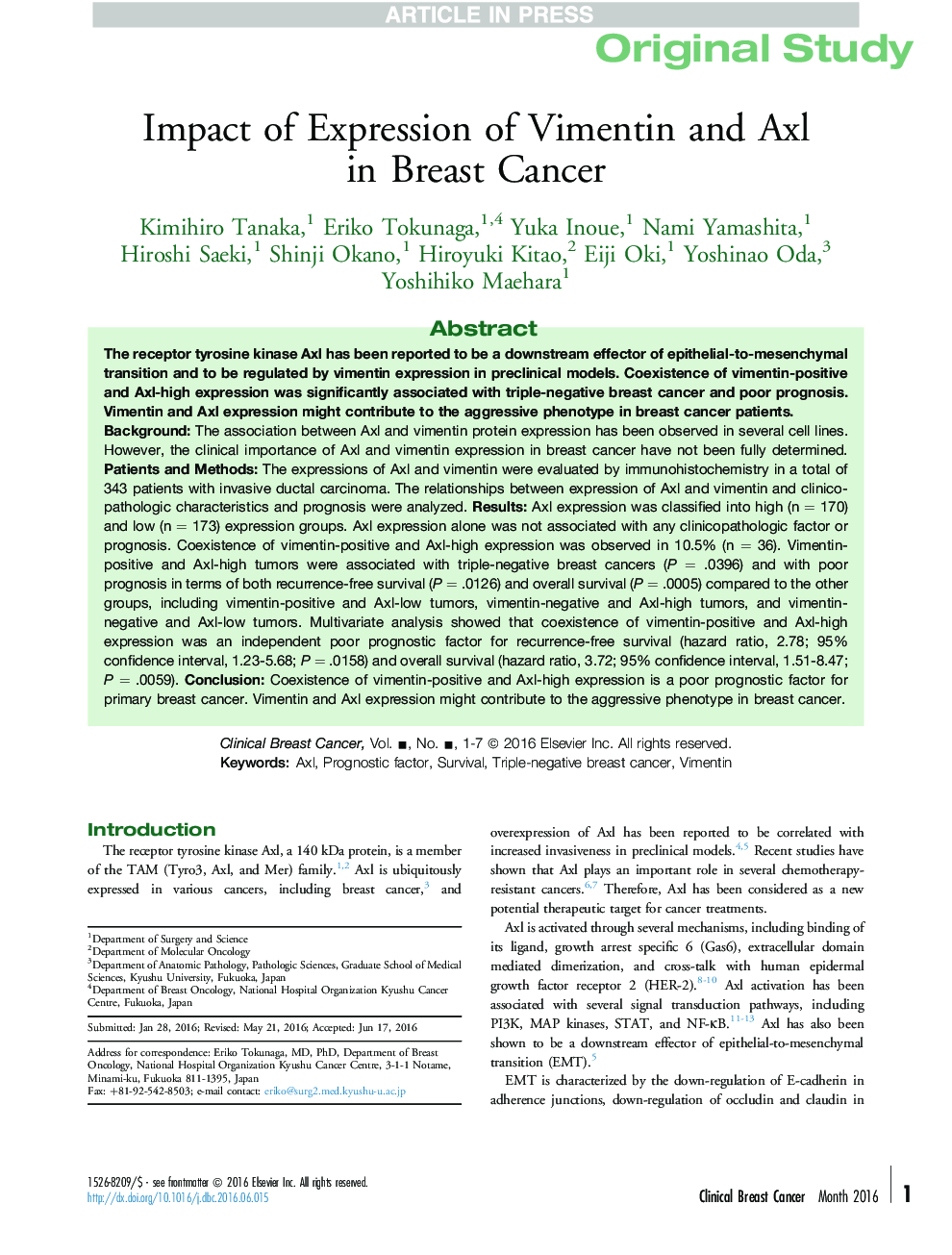 Impact of Expression of Vimentin and Axl in Breast Cancer