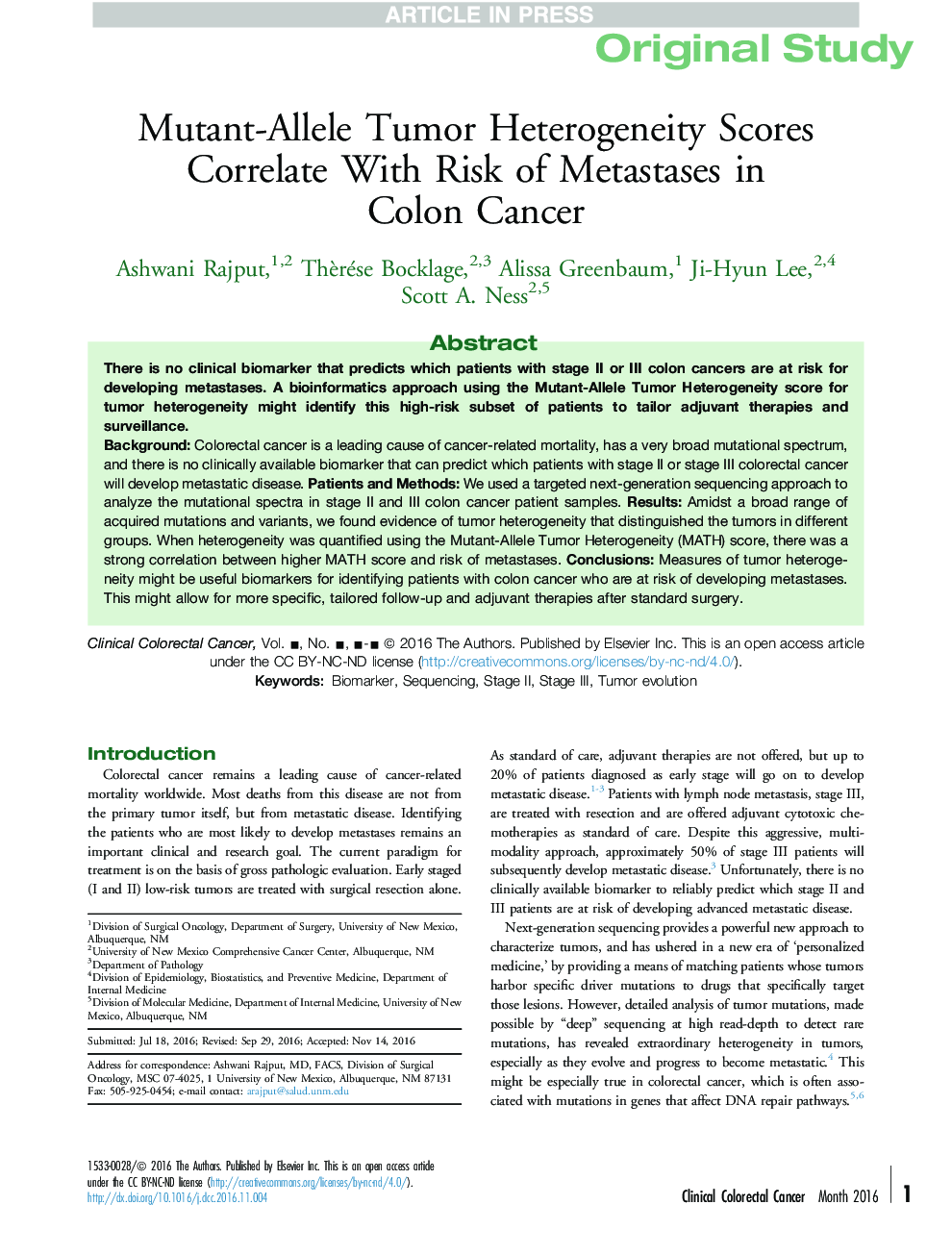 Mutant-Allele Tumor Heterogeneity Scores Correlate With Risk of Metastases in ColonÂ Cancer