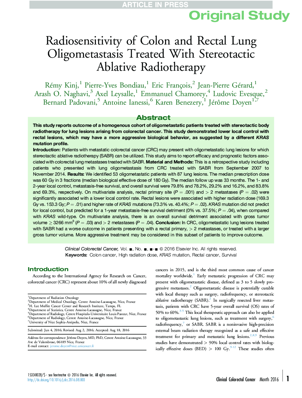 Radiosensitivity of Colon and Rectal Lung Oligometastasis Treated With Stereotactic Ablative Radiotherapy