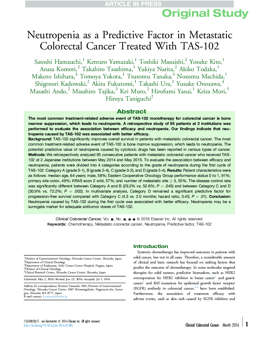 Neutropenia as a Predictive Factor in Metastatic Colorectal Cancer Treated With TAS-102