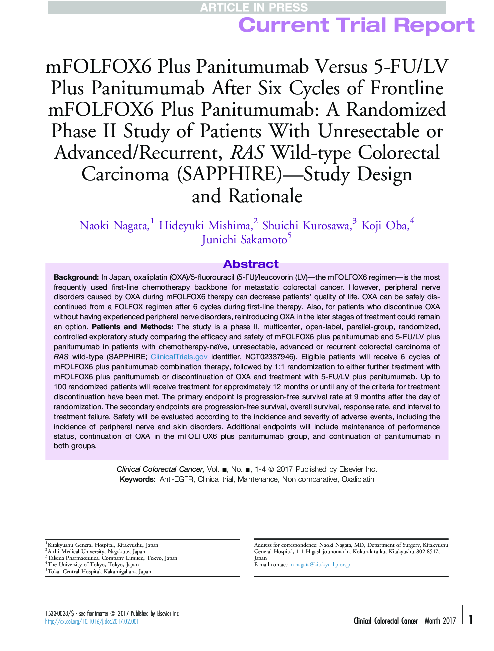 mFOLFOX6 Plus Panitumumab Versus 5-FU/LV Plus Panitumumab After Six Cycles of Frontline mFOLFOX6 Plus Panitumumab: A Randomized Phase II Study of Patients With Unresectable or Advanced/Recurrent, RAS Wild-type Colorectal Carcinoma (SAPPHIRE)-Study Design 