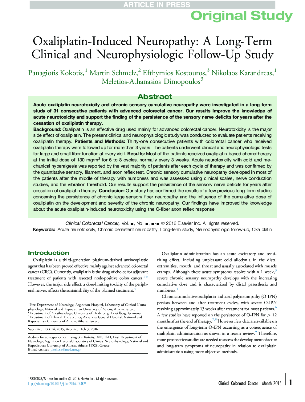 Oxaliplatin-Induced Neuropathy: A Long-Term Clinical and Neurophysiologic Follow-Up Study