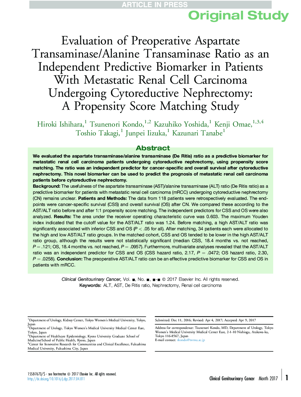 Evaluation of Preoperative Aspartate Transaminase/Alanine Transaminase Ratio as an Independent Predictive Biomarker in Patients With Metastatic Renal Cell Carcinoma Undergoing Cytoreductive Nephrectomy: AÂ Propensity Score Matching Study