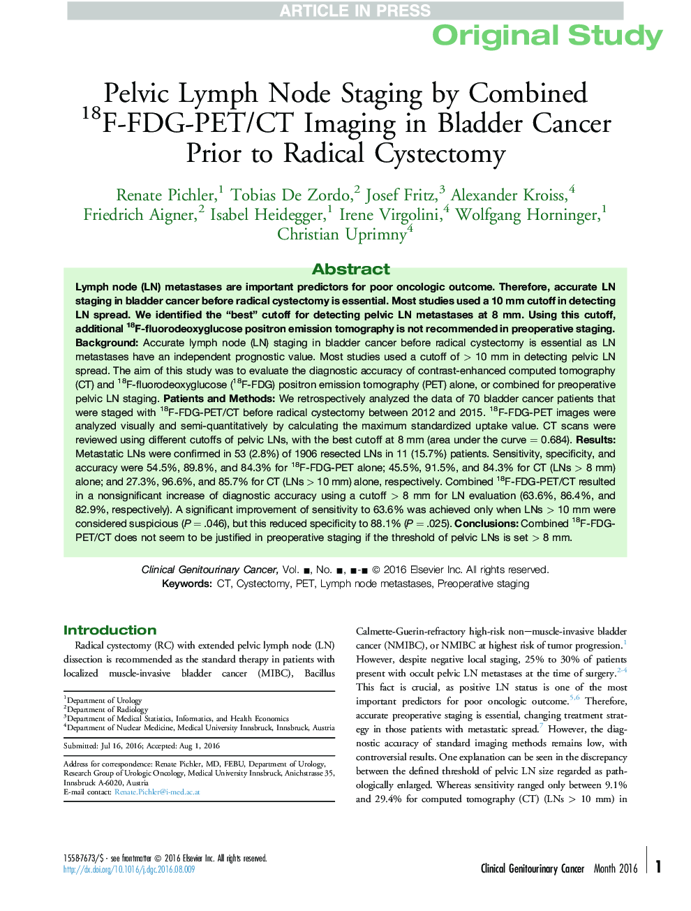 Pelvic Lymph Node Staging by Combined 18F-FDG-PET/CT Imaging in Bladder Cancer Prior to Radical Cystectomy