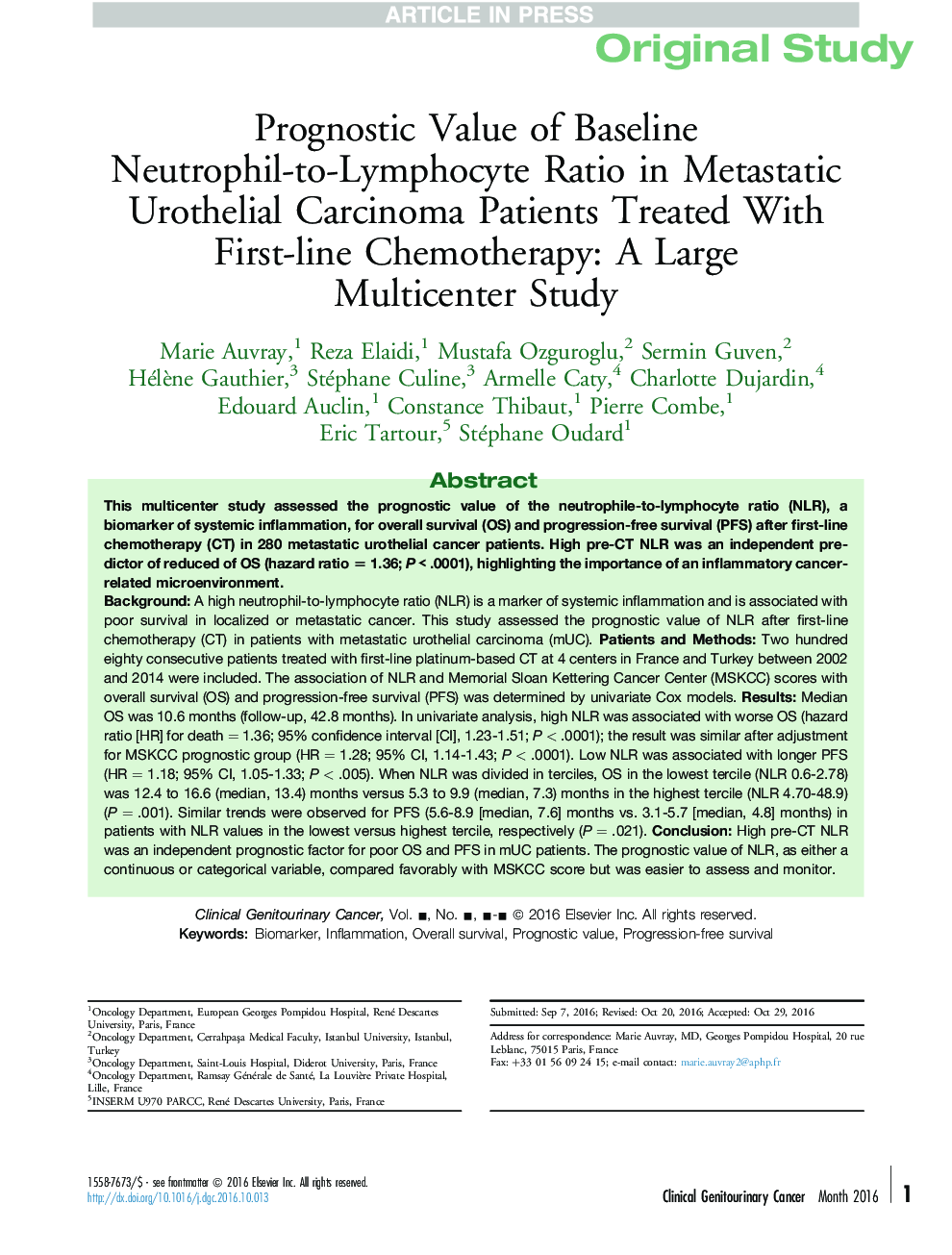 Prognostic Value of Baseline Neutrophil-to-Lymphocyte Ratio in Metastatic Urothelial Carcinoma Patients Treated With First-line Chemotherapy: A Large MulticenterÂ Study