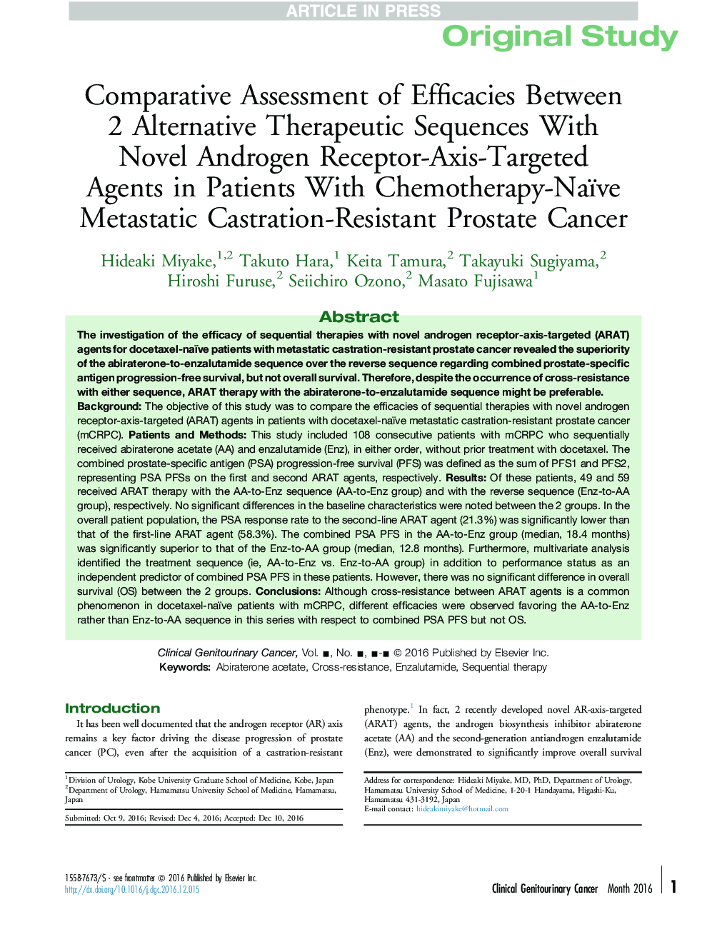 Comparative Assessment of Efficacies Between 2Â Alternative Therapeutic Sequences With NovelÂ Androgen Receptor-Axis-Targeted AgentsÂ in Patients With Chemotherapy-Naïve Metastatic Castration-Resistant Prostate Cancer
