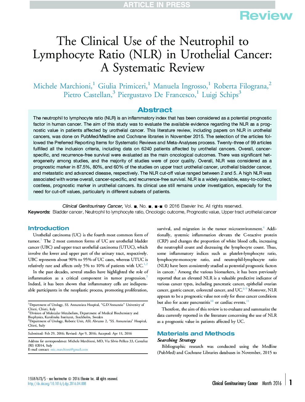 The Clinical Use of the Neutrophil to Lymphocyte Ratio (NLR) in Urothelial Cancer: AÂ Systematic Review