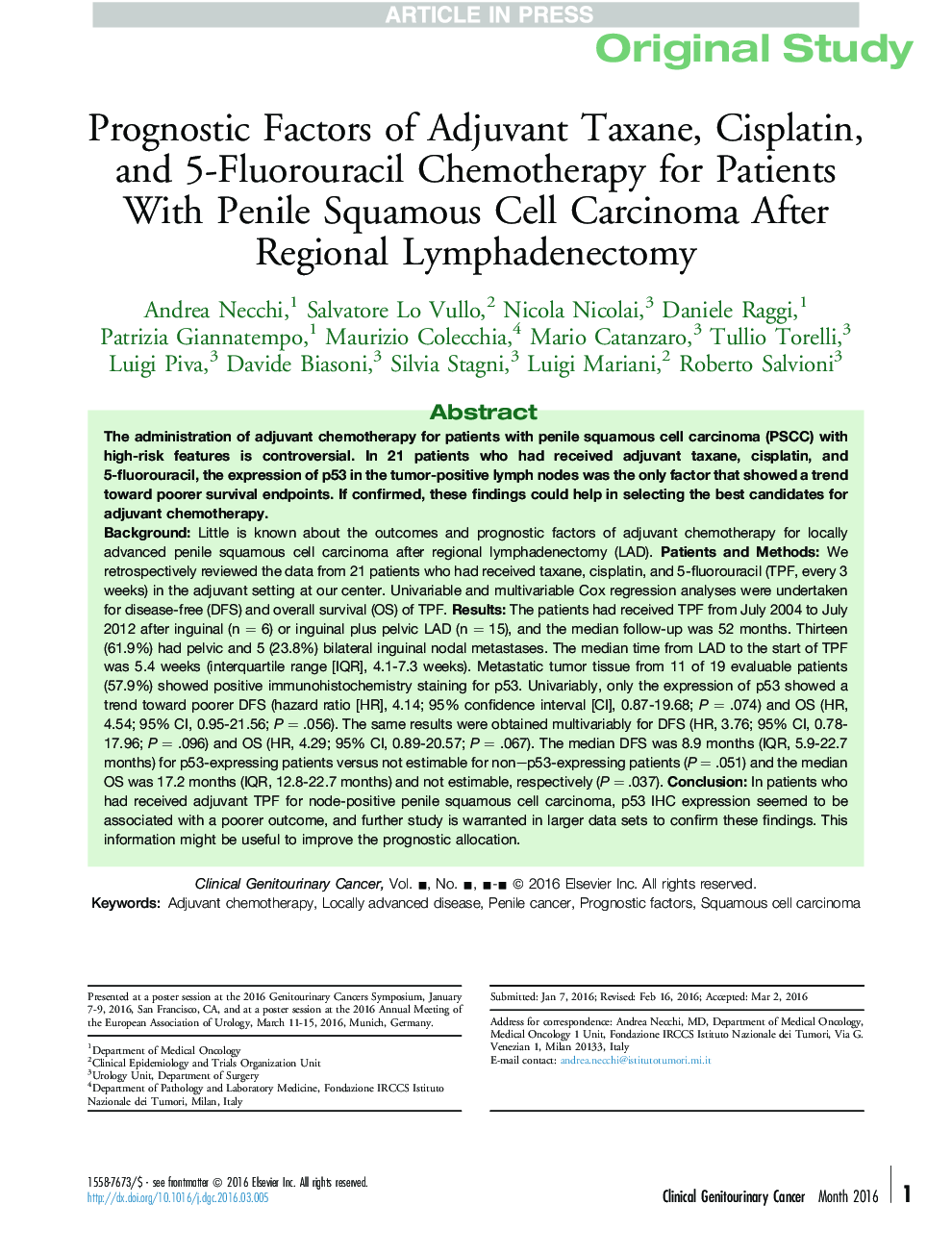 Prognostic Factors of Adjuvant Taxane, Cisplatin, and 5-Fluorouracil Chemotherapy for Patients With Penile Squamous Cell Carcinoma After Regional Lymphadenectomy