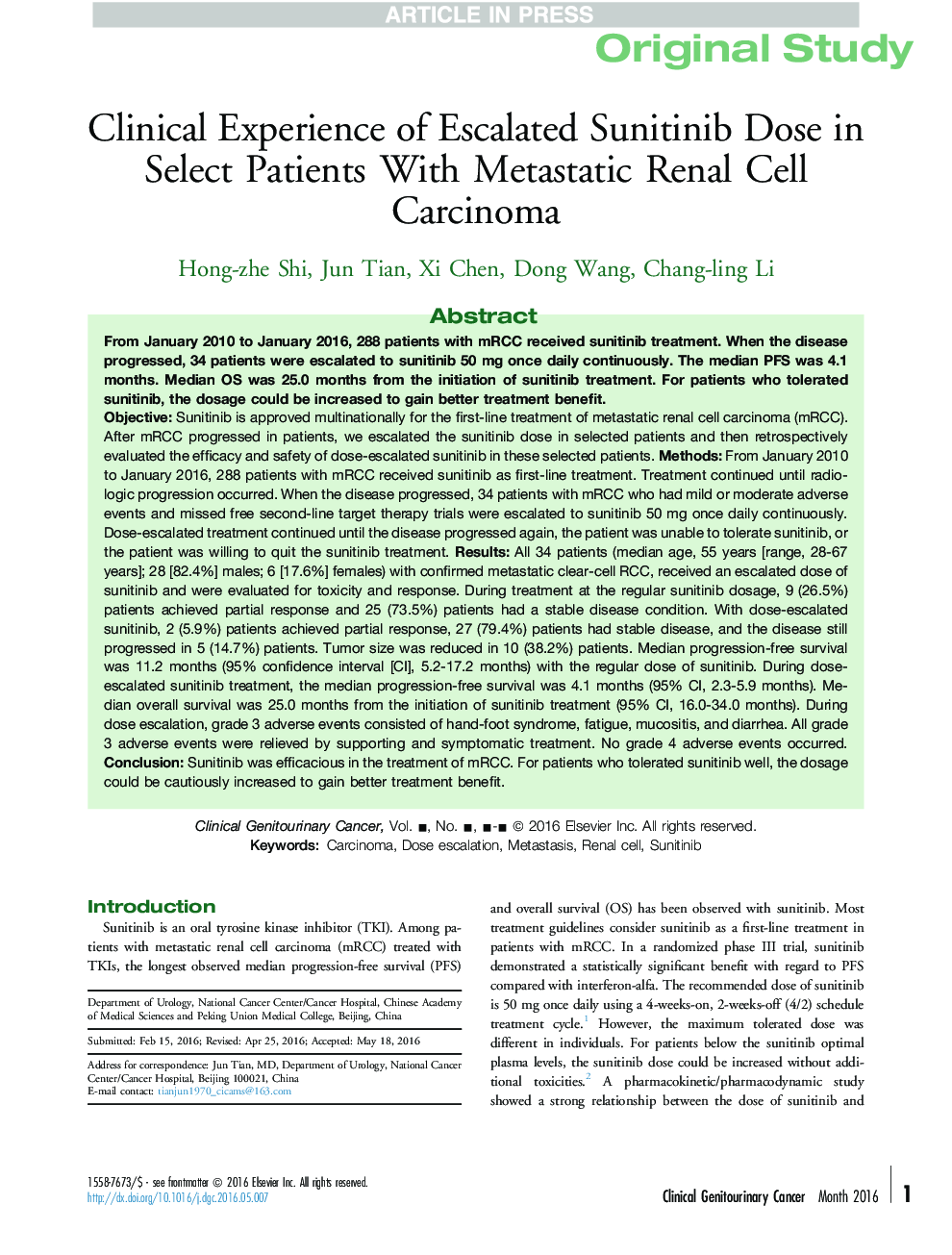 Clinical Experience of Escalated Sunitinib Dose in Select Patients With Metastatic Renal Cell Carcinoma