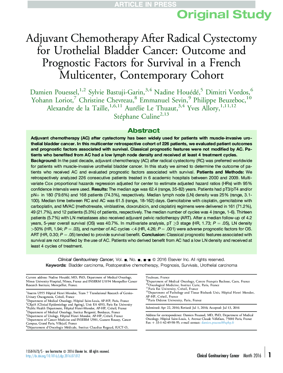 عکس صفحه اول مقاله: Adjuvant Chemotherapy After Radical Cystectomy for Urothelial Bladder Cancer: Outcome and Prognostic Factors for Survival in a French Multicenter, Contemporary Cohort Adjuvant Chemotherapy After Radical Cystectomy for Urothelial Bladder Cancer: Outcome and Prognostic Factors for Survival in a French Multicenter, Contemporary Cohort