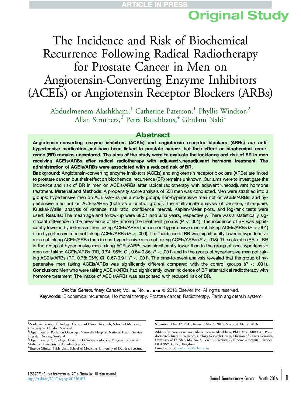The Incidence and Risk of Biochemical Recurrence Following Radical Radiotherapy for Prostate Cancer in Men on Angiotensin-Converting Enzyme Inhibitors (ACEIs) or Angiotensin Receptor Blockers (ARBs)