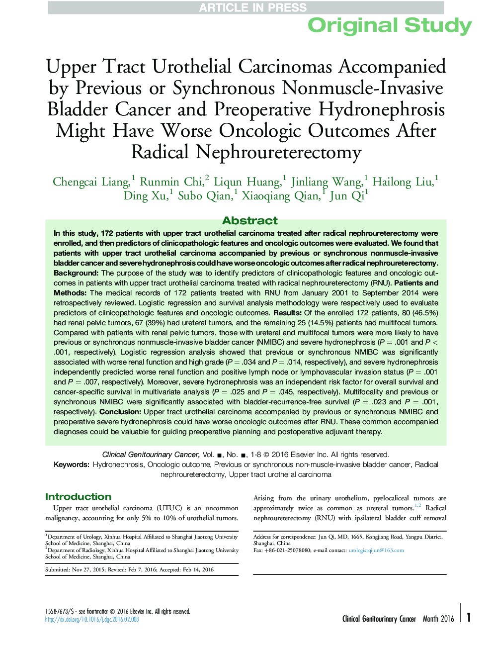 Upper Tract Urothelial Carcinomas Accompanied by Previous or Synchronous Nonmuscle-Invasive Bladder Cancer and Preoperative Hydronephrosis Might Have Worse Oncologic Outcomes After Radical Nephroureterectomy