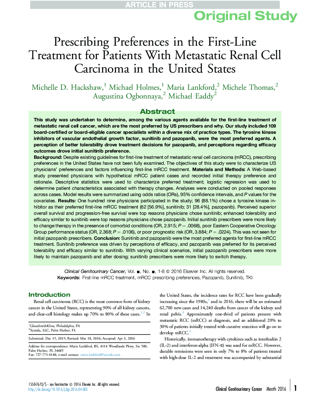 تجویز مقررات در درمان خط اول برای بیماران مبتلا به کارسینوم سلول های متاستاتیک کلیه در ایالات متحده 