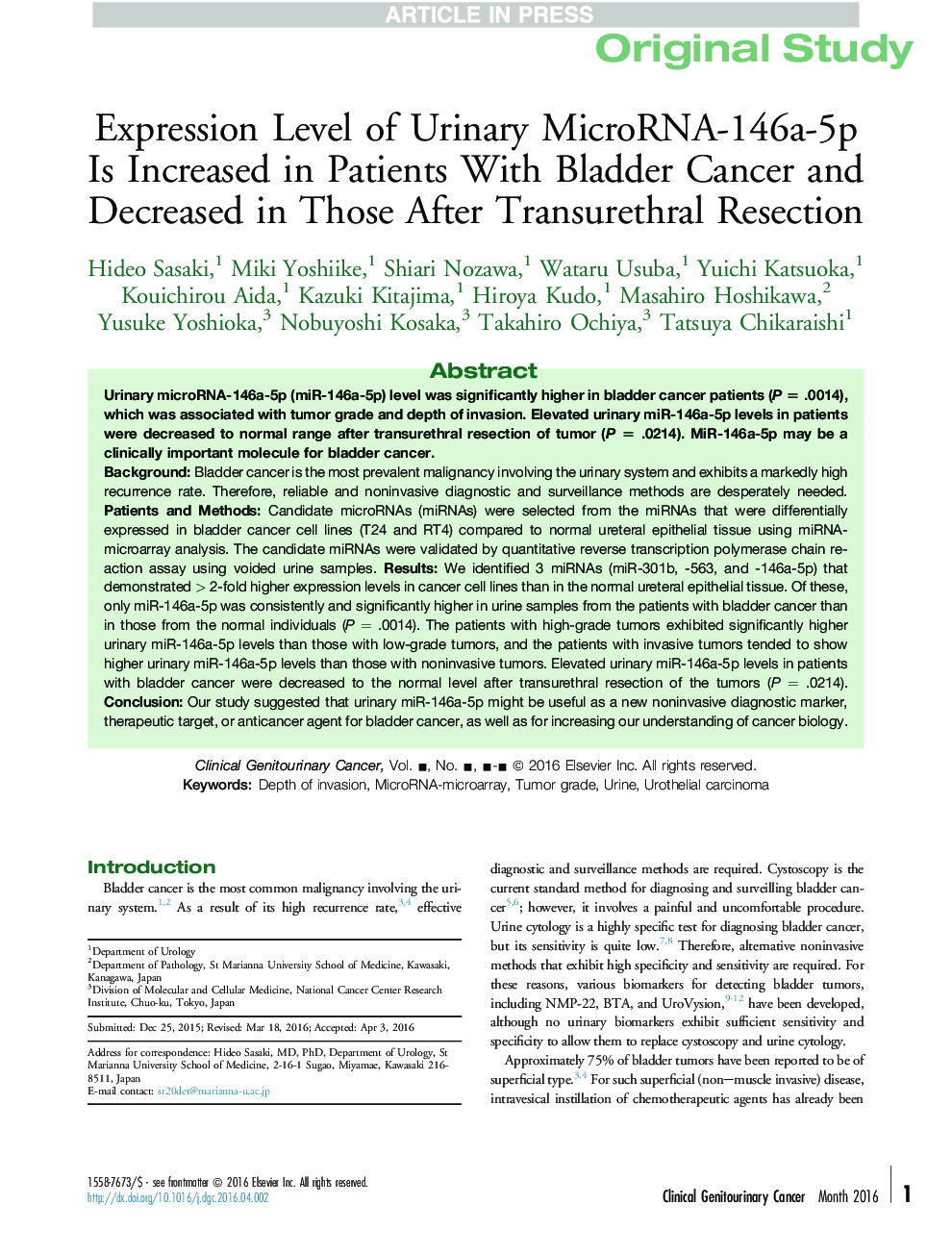 Expression Level of Urinary MicroRNA-146a-5p Is Increased in Patients With Bladder Cancer and Decreased in Those After Transurethral Resection