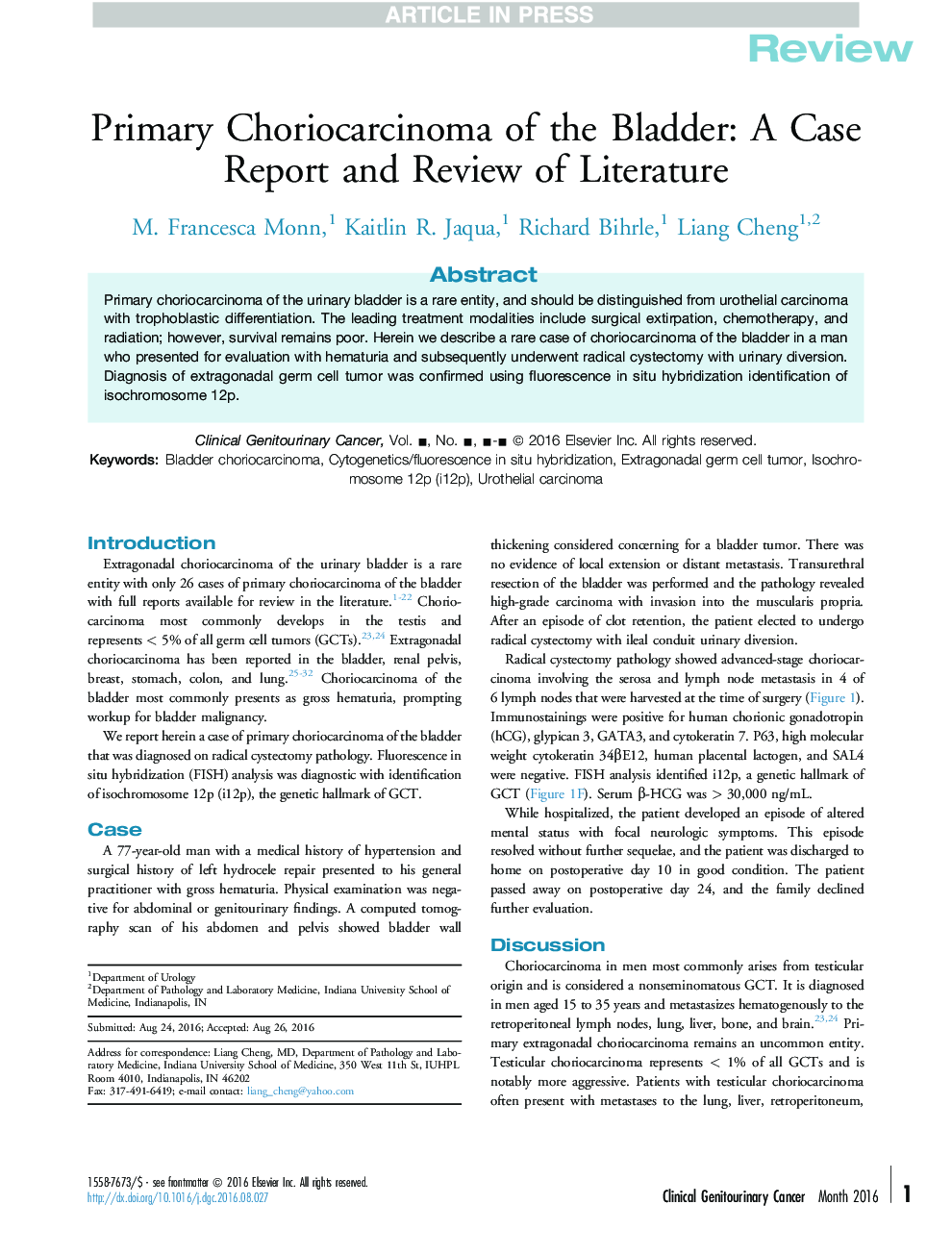 عکس صفحه اول مقاله: Primary Choriocarcinoma of the Bladder: A Case Report and Review of Literature Primary Choriocarcinoma of the Bladder: A Case Report and Review of Literature