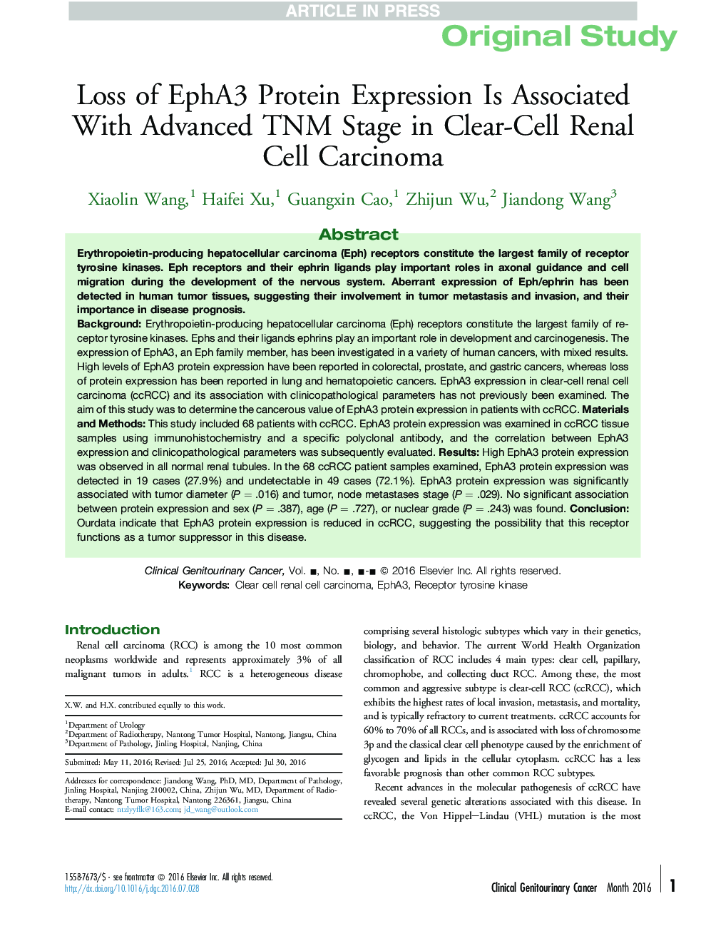 Loss of EphA3 Protein Expression Is Associated With Advanced TNM Stage in Clear-Cell Renal Cell Carcinoma